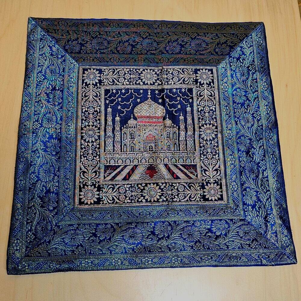 Vintage Banarasi Silk Brocade Taj Mahal Cushion Cover 17x17 Blue Zari Textile